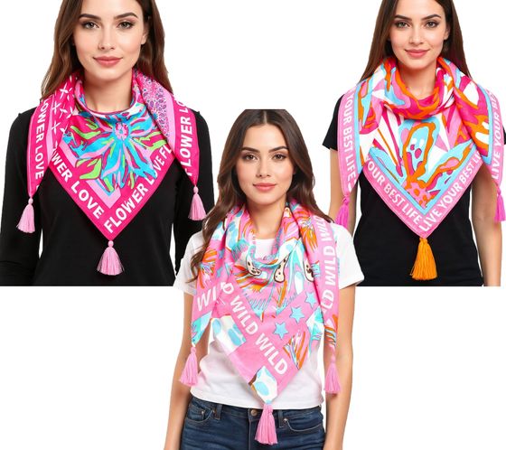 Sciarpa quadrata ZWILLINGSHERZ con fiori e scritta "Signature Lettering" - Sciarpa alla moda 3016Q-2907 Rosa/Marrone, Rosa/Turchese o Rosa/Arancione