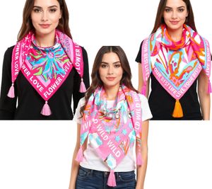 Sciarpa quadrata ZWILLINGSHERZ con fiori e scritta "Signature Lettering" - Sciarpa alla moda 3016Q-2907 Rosa/Marrone, Rosa/Turchese o Rosa/Arancione