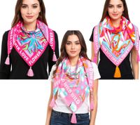 Sciarpa quadrata ZWILLINGSHERZ con fiori e scritta "Signature Lettering" - Sciarpa alla moda 3016Q-2907 Rosa/Marrone, Rosa/Turchese o Rosa/Arancione