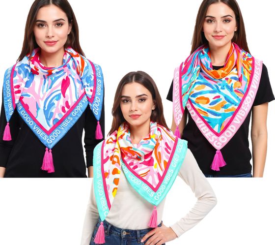 ZWILLINGSHERZ Vierecks-Tuch mit Blumen oder Korallen und Good Vibes Only Print Mode-Tuch 3016Q Pink/Türkis, Blau/Pink oder Pink/Bunt