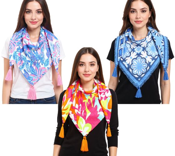 Pañuelo cuadrado Twin Heart con flores y adornos, estilo retro 3016Q, azul/rosa, azul/blanco o rosa/multicolor