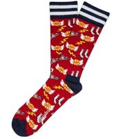 6 Pairs of Moustard Men's Cotton Socks with All-Over Print - Patterned Long Socks with Elephants, Zebras, or Basketballs - Red, Pink, or Gray