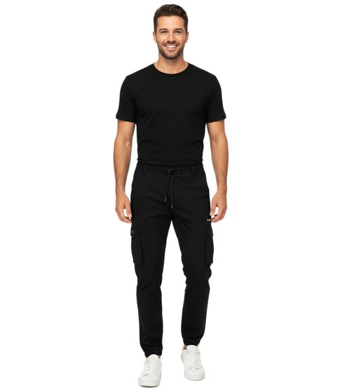 Pantalon cargo homme SUBLEVEL en coton noir, taille élastiquée avec cordon de serrage, réf. H64068BE62324B1