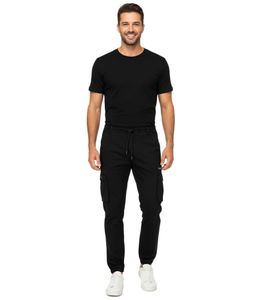Pantalon cargo homme SUBLEVEL en coton noir, taille élastiquée avec cordon de serrage, réf. H64068BE62324B1