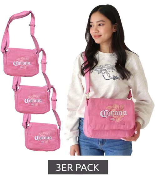 3-Pack Corona Beer Women's Shoulder Bag, Small Shopper, Fan Merchandise with Logo Embroidery, Canvas Bag, Pink