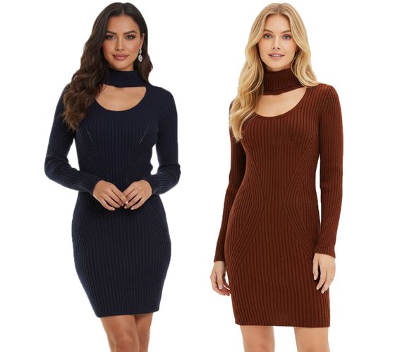 Women's Knit Mini Dress with Turtleneck and Neckline Details, Long Sleeve, Mahogany Brown or Dark Blue