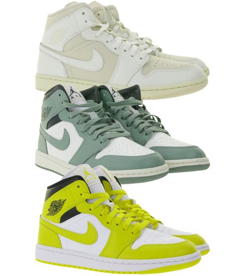 NIKE Air Jordan 1 Mid Damen Sneaker Echtleder Turnschuhe Mid-Top Sneaker BQ6472 in Weiß/Gelb, Weiß/Grün oder Beige/Weiß