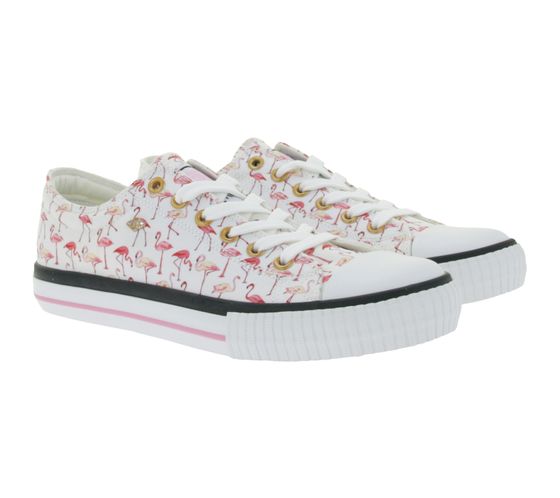 BRITISH KNIGHTS Master Lo Women's Low-Top Sneakers with Flamingo Print, Canvas Lace-Up Shoes B49-3721-03 White