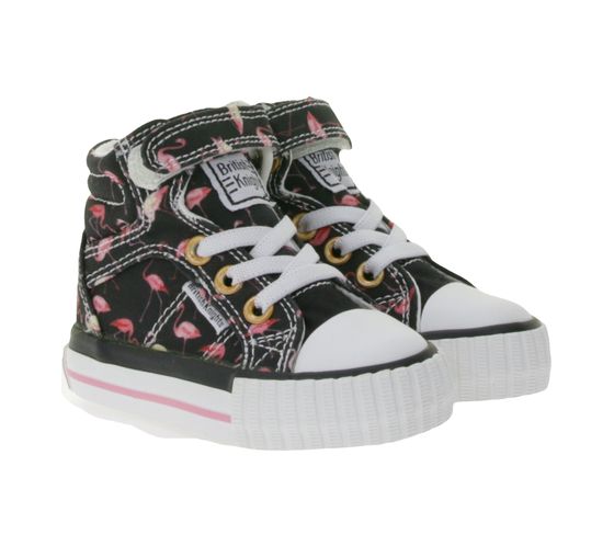 BRITISH KNIGHTS Dee Kleinkinder Mid-Top Sneaker mit Flamingos Mädchen Schnür-Schuhe mit verstärktem Zehenbereich B49-3733I-01 Schwarz/Pink/Weiß