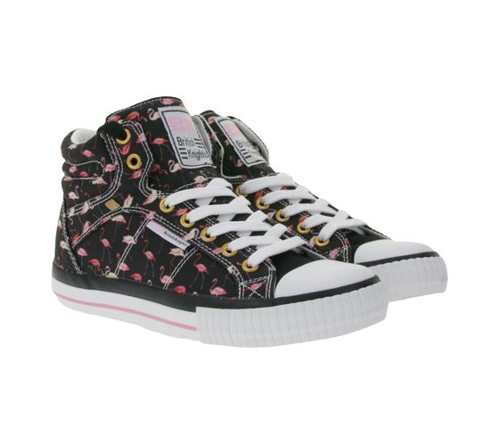 BRITISH KNIGHTS Dee Damen Mid-Top Sneaker mit Flamingos Schnür-Schuhe mit verstärktem Zehenbereich B49-3733-01 Schwarz/Pink/Weiß