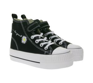 BRITISH KNIGHTS Kaya Mid Kinder Mid-Top Canvas-Sneaker mit dekorativer Blumen-Stickerei & Loveyourself-Print Schnür-Schuhe Teenager Mädchen B49-3710C-01 Schwarz