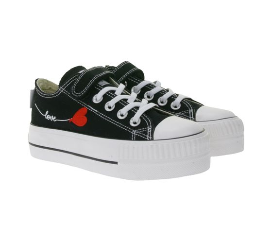 Baskets basses en toile Kaya Low pour enfant, avec broderie cœur et imprimé « love », à lacets, noires, B49-3706C-02