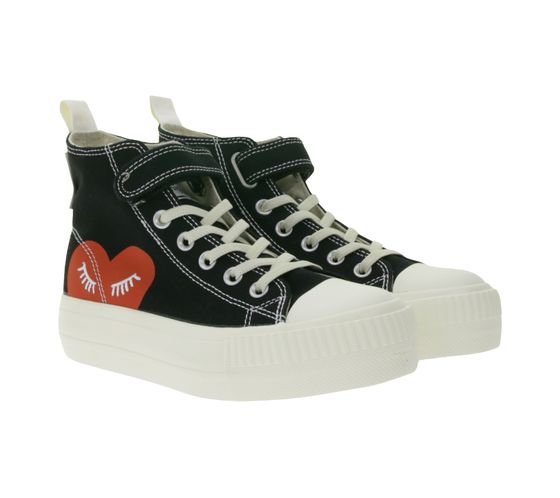 BRITISH KNIGHTS Kaya Mid Kids Mid-Top Canvas Sneakers with Decorative Heart Print Lace-Up Shoes Teenage Girls B52-3705C-01 Black