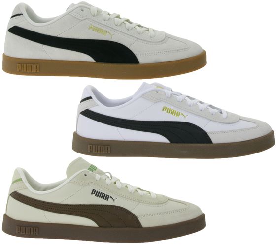 Baskets PUMA Club II Era pour homme et femme, en cuir véritable, au design rétro inspiré du football, avec semelle intérieure Softfoam, coloris beige/noir, blanc/noir ou beige/marron.
