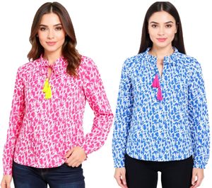 Blusa de verano para mujer ZWILLINGSHERZ "Leopardo Colorido" con estampado de leopardo 33224 Azul/Rosa o Rosa/Amarillo/Blanco