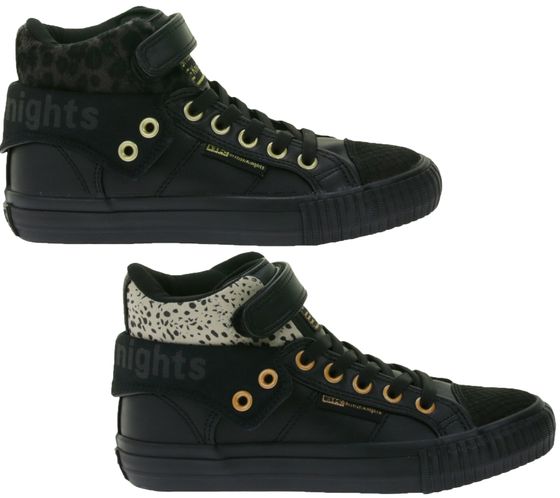 BRITISH KNIGHTS Roco Kids' Mid-Top Sneakers with Cheetah Print, Lace-Up Shoes with Fold-Down Cuff, Teen Girls B48-3709C Black or Black/Beige