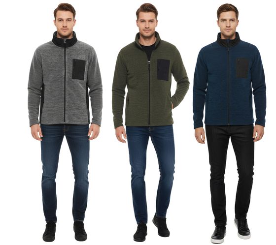 INDICODE Wilton Herren Fleece-Jacke mit Stehkragen und Brusttasche Übergangs-Jacke in melierter Optik 55383MM in Grau/Schwarz, Grün, oder Navy/Schwarz
