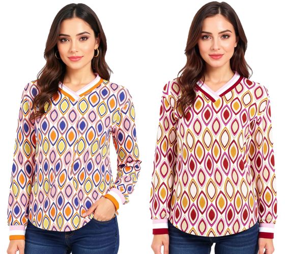 ZWILLINGSHERZ Ornament Women's Long-Sleeved Summer Shirt in Retro Style 31627 Beige/Pink/Red or Beige/Pink/Orange/Blue