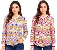 ZWILLINGSHERZ Ornament Women's Long-Sleeved Summer Shirt in Retro Style 31627 Beige/Pink/Red or Beige/Pink/Orange/Blue