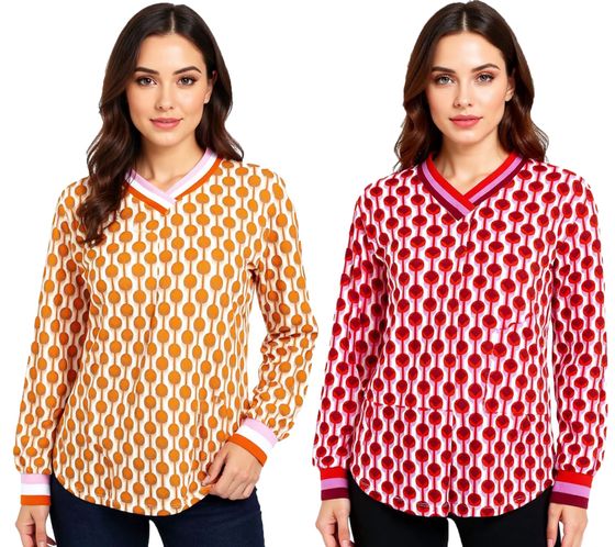 Camicia estiva a maniche lunghe da donna ZWILLINGSHERZ in stile retrò con stampa grafica 31633 Bordeaux/Rosa/Rosso o Arancione/Rosa/Marrone