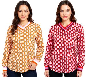 ZWILLINGSHERZ Women's Long-Sleeved Summer Shirt in Retro Style with Graphic Print 31633 Bordeaux/Pink/Red or Orange/Pink/Brown