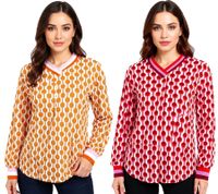 Camicia estiva a maniche lunghe da donna ZWILLINGSHERZ in stile retrò con stampa grafica 31633 Bordeaux/Rosa/Rosso o Arancione/Rosa/Marrone