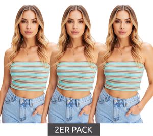 3er Sparpack gestreiftes Damen Bandeau Sommer-Top geripptes Baumwoll-Shirt 947519 Türkis