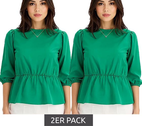 2er Sparpack Damen Bluse Rundhals-Bluse mit 3/4 Ärmeln und Taillengummi Baumwoll-Bluse 950069 Grün