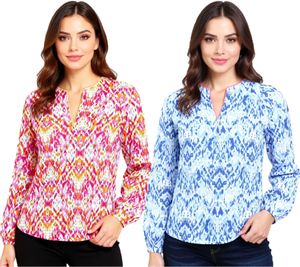 ZWILLINGSHERZ Damen Sommer-Bluse mit Ethno-Muster Baumwoll Langarmshirt 33234 Blau/Weiß/Pink oder Pink/Grün/Blau/Weiß