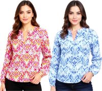 ZWILLINGSHERZ Women's Summer Blouse with Ethnic Pattern, Cotton Long Sleeve Shirt 33234 Blue/White/Pink or Pink/Green/Blue/White