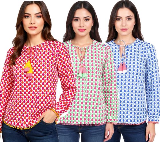 Blusa estiva da donna ZWILLINGSHERZ con motivo a gocce, in cotone a maniche lunghe 33217, rosa, verde o blu