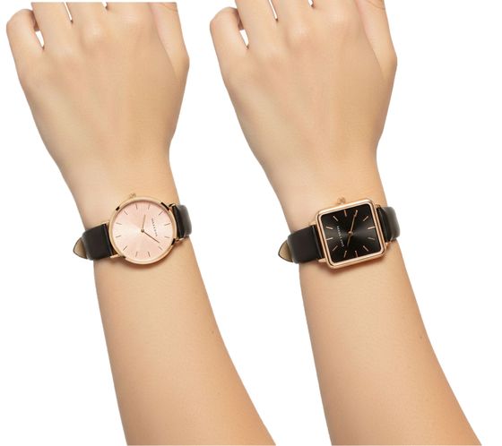 lilyandstone Women's Analog Quartz Watch with Leather Strap, Round or Square Case, Black/Rose Gold or Black/Gold