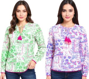 Blusa in cotone da donna ZWILLINGSHERZ - Blusa estiva con motivo Paisley all-over 33214 Blu/Rosa/Bianco o Verde/Rosa/Bianco