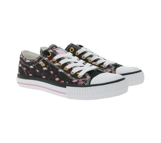 BRITISH KNIGHTS Master Lo Women's Low-Top Sneakers with Flamingo Print, Canvas Lace-Up Shoes B49-3721-01 Black