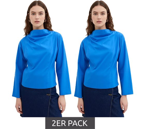 2-Pack Women's Cotton Poplin Blouse with Waterfall Neckline, Everyday Blouse 925072 Blue