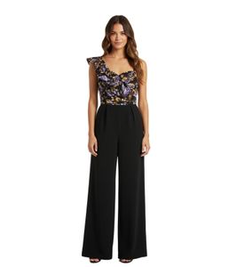 stylischer Overall extravaganter Damen Jumpsuit mit weitem Bein und Volant und Blumen Silvester Einteiler 970821 Schwarz