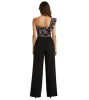 stylischer Overall extravaganter Damen Jumpsuit mit weitem Bein und Volant und Blumen Silvester Einteiler 970821 Schwarz