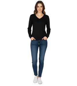 Stylischer Damen Strick-Pullover mit V-Ausschnitt Premium-Baumwolle 133-005 Schwarz