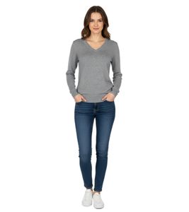 Stylischer Damen Strick-Pullover mit V-Ausschnitt Premium-Baumwolle 133-015 Grau