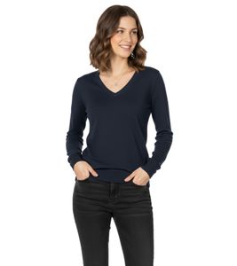 Modischer Damen Strick-Pullover mit Ton in Ton-Ellenbogen-Stoffpatches Merinowolle 134-034 Dunkelblau