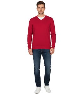 Pull col V homme en maille, coton premium, rouge (143-002)