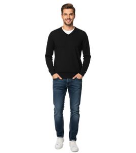 Modischer Herren Strick-Pullover mit Ton in Ton-Ellenbogen-Stoffpatches Merinowolle 144-005 Schwarz