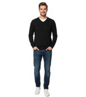 Modischer Herren Strick-Pullover mit Ton in Ton-Ellenbogen-Stoffpatches Merinowolle 144-005 Schwarz