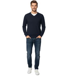 Modischer Herren Strick-Pullover mit Ton in Ton-Ellenbogen-Stoffpatches Merinowolle 144-034 Dunkelblau