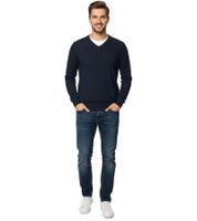 Modischer Herren Strick-Pullover mit Ton in Ton-Ellenbogen-Stoffpatches Merinowolle 144-034 Dunkelblau