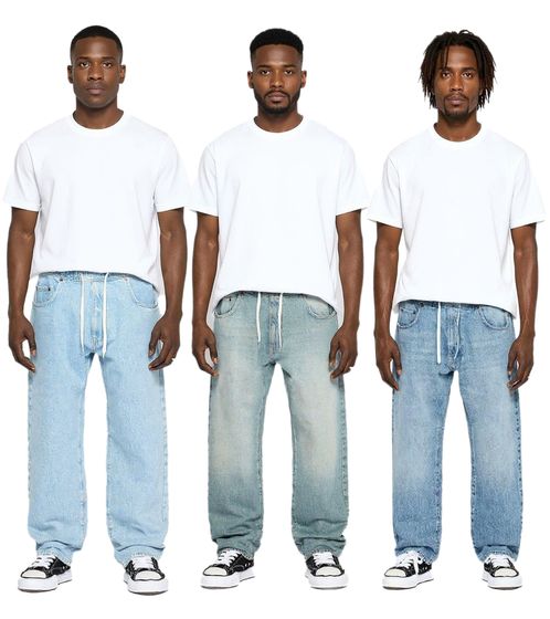 Stylish men's jogger-style jeans, baggy leg denim with drawstring, BR-12000, blue, available in various colors: Pacific Blue, 90s Blue, or Heaven Blue