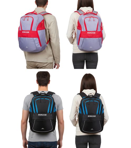 Rivacase Mercantour Backpack with 15.6" Laptop Compartment, Everyday Backpack, 20L, 5225 in Gray/Red or Black/Blue