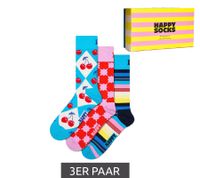 Lot de 3 paires de chaussettes Happy Socks en coton, motifs à carreaux, rayures et cerises, style losanges, présentées dans un coffret cadeau (P002655), bleu/rouge/blanc.