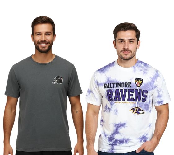 T-shirt homme RE:COVERED X NFL Baltimore Ravens avec casque de football américain, col rond en coton, RCNFL13, gris uni ou tie-dye violet/blanc