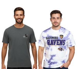 T-shirt da uomo RE:COVERED X NFL Baltimore Ravens con casco da football, girocollo in cotone, RCNFL13, tinta unita grigio o viola/bianco tie-dye
